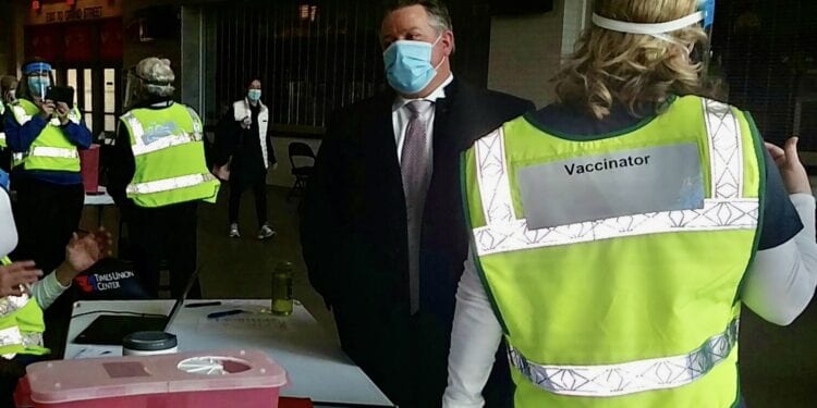 County Executive Dan McCoy visits the vaccination pod at the Times Union Center (photo provided)
