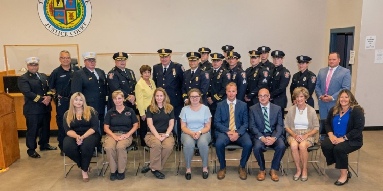 Supervisor Paula Mahan, members of the Town Board, Police chief Jonathan Teale and EMS Chief Chris Kostyun pose for a group photo with the new hires and those recently promoted.


Jim Franco / Spotlight News