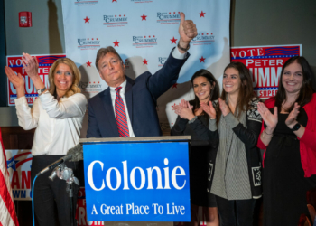 Colonie Supervisor-elect Peter Crummey gives a thumbs up during his victory speech on Election Day, Tuesday, Nov. 2. (Jim Franco/Spotlight News)