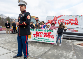 U.S. Marine SSgt Ted Kleniewski and students from Saddlewood Elementary School kick off this year’s Toys for Tots campaign.

Jim Franco / Spotlight News