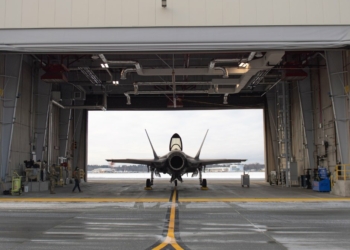 An F35 sits in a hangar at the Burlington Air National Guard Base in South Burlington, Vermont on Monday, Jan. 3. as it prepares to take off for its 4,000th flight since the air base’s transition to the F-35. Photo Credit: Vermont Air National Guard