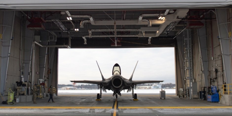 An F35 sits in a hangar at the Burlington Air National Guard Base in South Burlington, Vermont on Monday, Jan. 3. as it prepares to take off for its 4,000th flight since the air base’s transition to the F-35. Photo Credit: Vermont Air National Guard