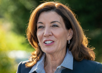 Gov. Kathy Hochul answers questions from the press prior to a rally held by Colonie Democratic Party candidates and other Capital District Democrats at Kross Keyes Drive in Colonie on Saturday, Oct. 23, 2021. (Jim Franco/Special to the Times Union)