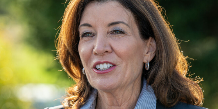 Gov. Kathy Hochul answers questions from the press prior to a rally held by Colonie Democratic Party candidates and other Capital District Democrats at Kross Keyes Drive in Colonie on Saturday, Oct. 23, 2021. (Jim Franco/Special to the Times Union)