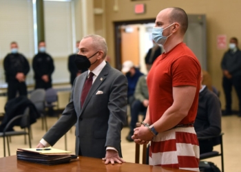 Jacob L. Klein, right, who is charged with the murder of St. Peter's Hospital physician assistant Philip L. Rabadi appears for his arraignment with his attorney Mark Bedrow at New Scotland Town Court on Thursday, April 21, 2022 in Clarksville, N.Y. (Lori Van Buren/Times Union/pool photo)