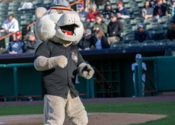 SouthPaw doing a little dance at a recent ValleyCats game at The Joe on the HVCC campus. (Jim Franco / Spotlight News)