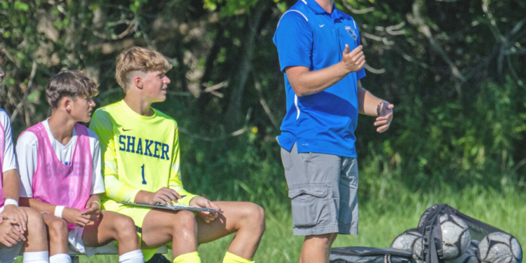 Shaker High boys varsity soccer coach Dan Fountain during a game earlier this year. 
Jim Franco/Spotlight News