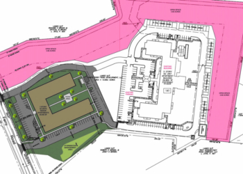 A schematic of a proposed senior housing building on the left with the existing three-story building on the right.
Colonie Planning and Economic Development Department