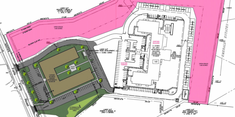 A schematic of a proposed senior housing building on the left with the existing three-story building on the right.
Colonie Planning and Economic Development Department