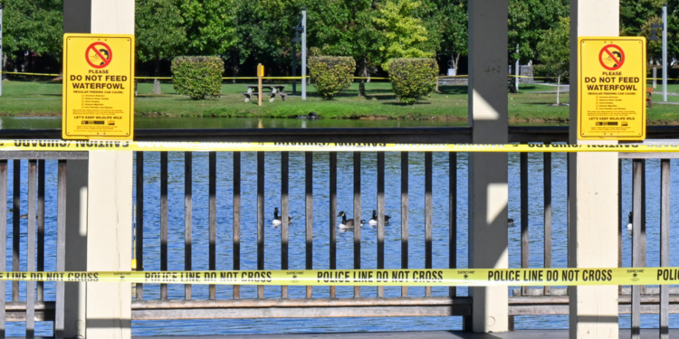A popular spot at The Crossings is closed with caution tape. (Jim Franco / Spotlight News)