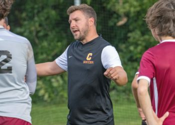 Colonie boys soccer coach Anthony Greene talks to his team during a game this year. 
Jim Franco / Spotlight News