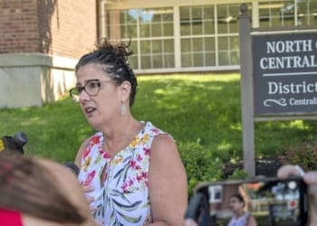 Superintendent Kathleen Skeals met with reporters outside the district’s administration offices on Friday, Aug. 11, to outline on how the district will handle the new students.