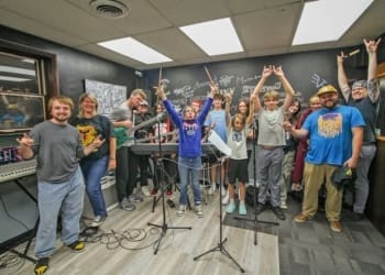 Students, faculty, and co-owners of Albany Rock Pit, Tess Collins and Kim Lindh together in a rehearsal room of Albany Rock Pit in Colonie, Wednesday, September 27, 2023.