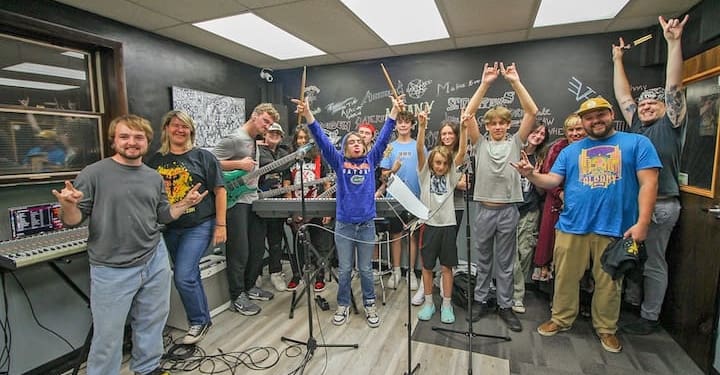 Students, faculty, and co-owners of Albany Rock Pit, Tess Collins and Kim Lindh together in a rehearsal room of Albany Rock Pit in Colonie, Wednesday, September 27, 2023.