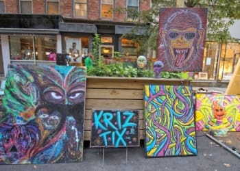 Local works of art created by Kriz Tix (Kris McDermott) on view at the event, "Grafitti Night", outside Bootlegger's in Troy, Saturday, October 14, 2023.