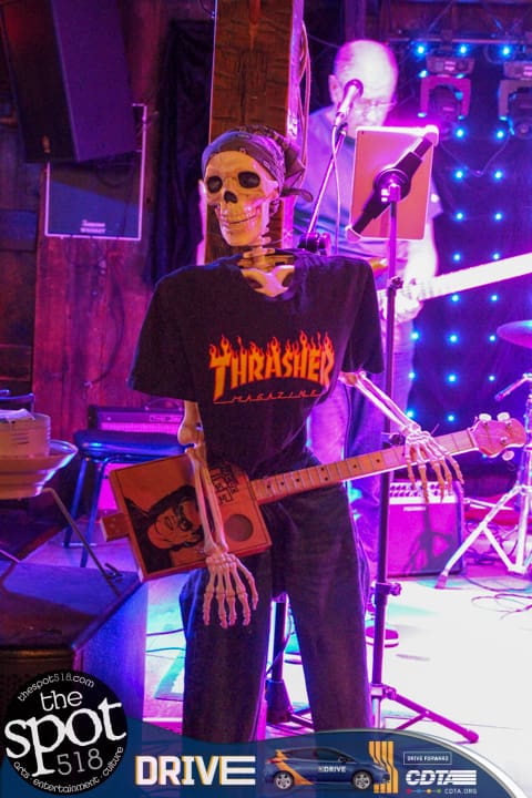 Thrasher the skeleton hanging out with Thee Mr. E. Band at the ustic Barn Pub in Troy, Sunday, November 5, 2023.