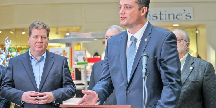 Local dignataries and guests, including Senator Jake Ashby, spoke to members of the press inside Colonie Center in Colonie, NY, Thursday, February 1, 2024.