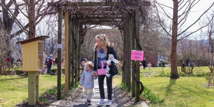 Families and children taking part in an Easter Egg Hunt and Easter-related activities at Ten Broeck Mansion Friday, March 29.