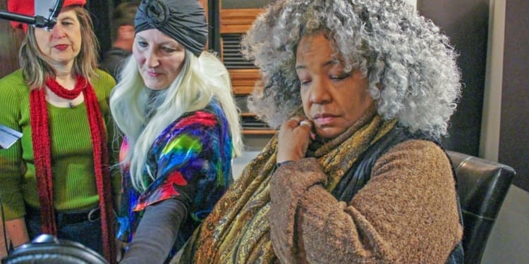 The Sirens, featuring musicians Liv Cumins, Elizabeth Berliner, and Wanda Houston, recording two song singles at Overit Studios in Albany, Wednesday, March 13.